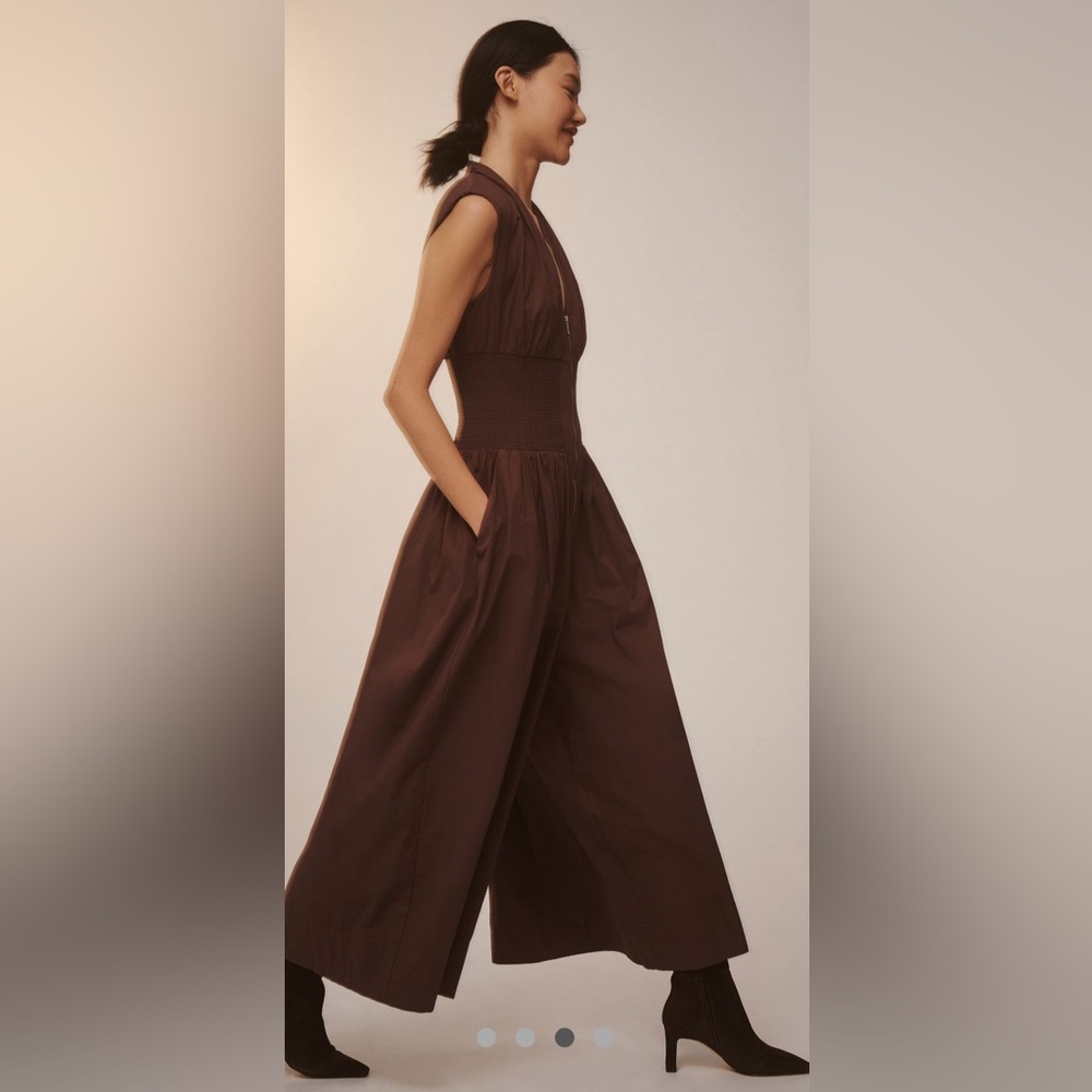 Anthropologie’s The Tommie Cap-Sleeve front Zipper smocked Jumpsuit NWT - Picture 4 of 5